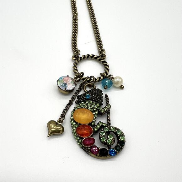 Betsey Johnson Necklace Gecko Multi Color Crystals on Ring with Dangles 21" Rare - Picture 2 of 7